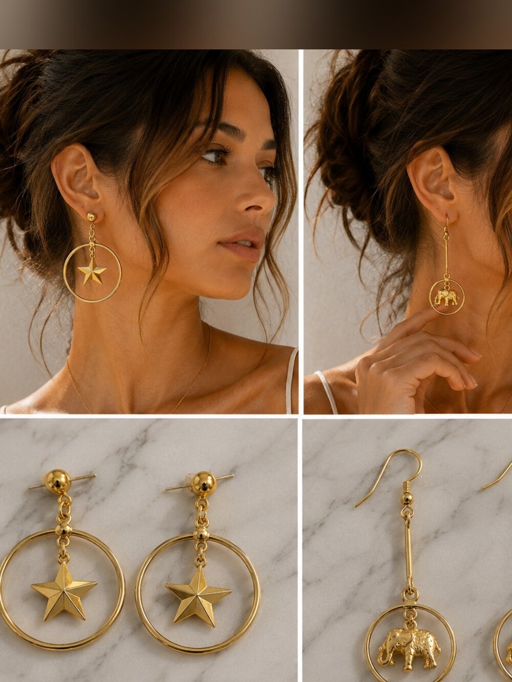 Pair Of 2 Bundle Of Cheshire Gold Star & Elephant Dangle Earrings Boho